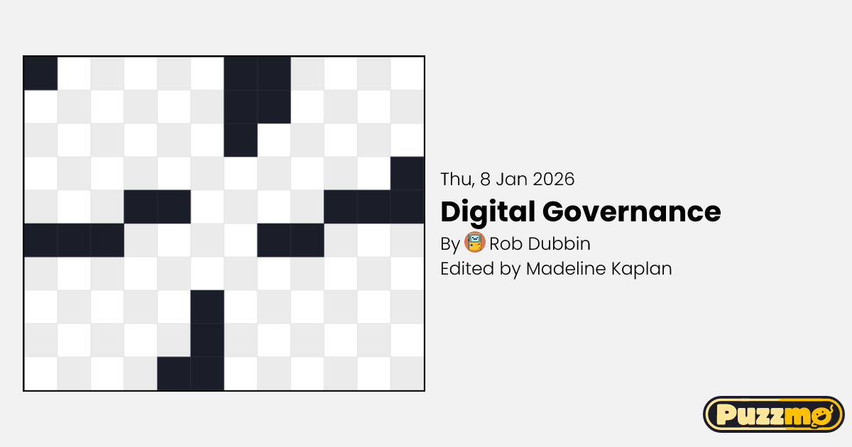 A preview image for a mid-sized crossword puzzle titled "Digital Governance", by Rob Dubbin, edited by Madeline Kaplan